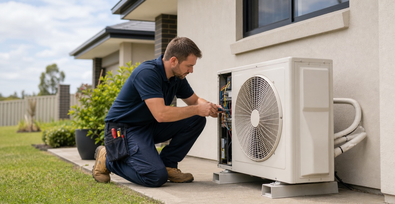 Technician repairing an outdoor air conditioning unit at a home in Oakey Queensland