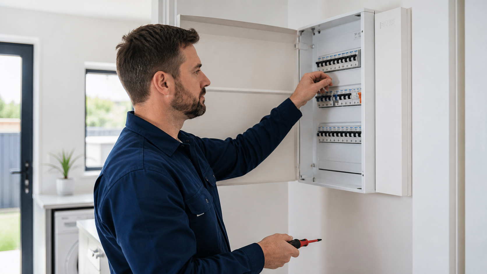 Electrician inspecting safety switches and circuit breakers in a residential switchboard