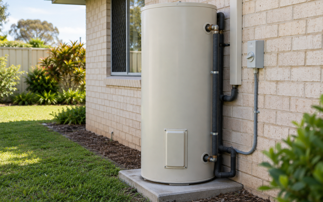 Electric storage hot water tank beside a brick home with its electrical service cover closed