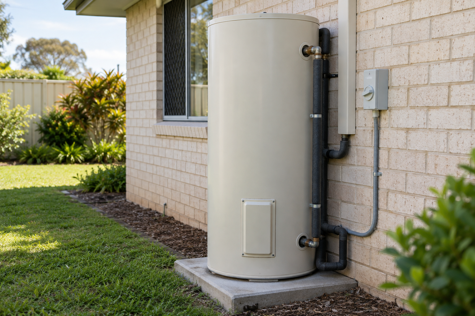 Electric storage hot water tank beside a brick home with its electrical service cover closed